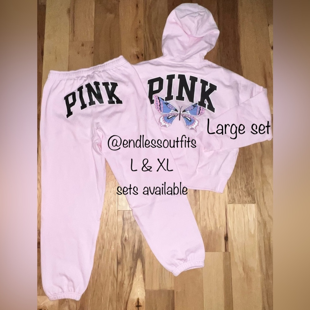 VS PINK LIMITED EDITION PINK TULIP SWEATPANTS &  FULL ZIP BUTTERFLY HOODIE